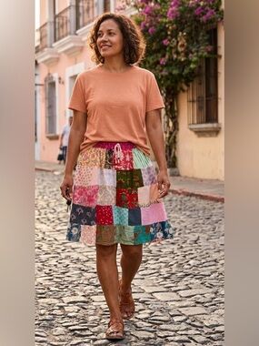 Henna, NWOT, Patchwork Multicolor, Knee-Length Skirt, XS-M waist: 14”-16”